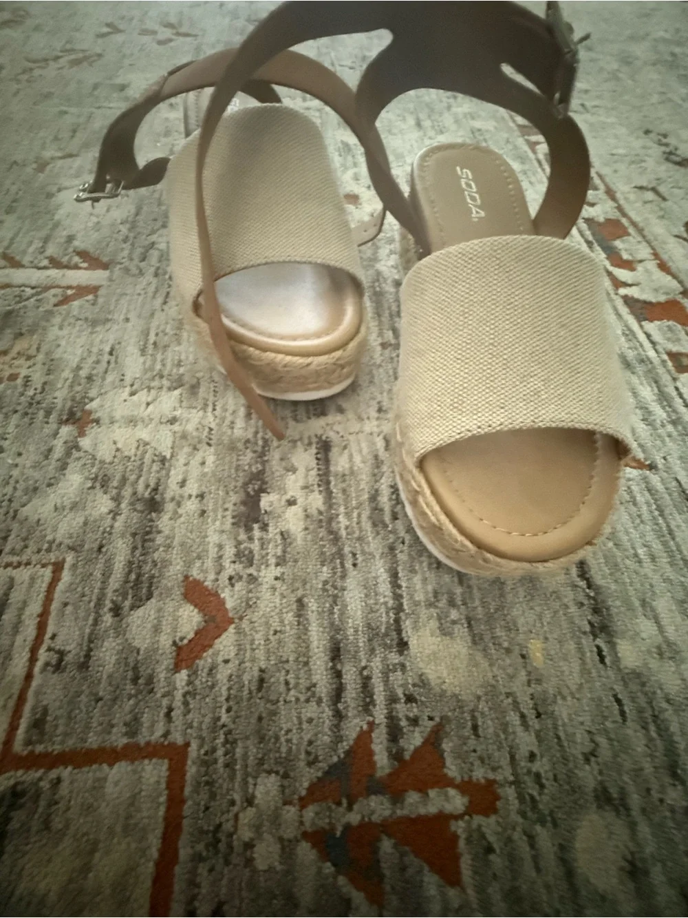 Soda Tan Canvas Espadrille Wedge Sandals with Ankle Strap